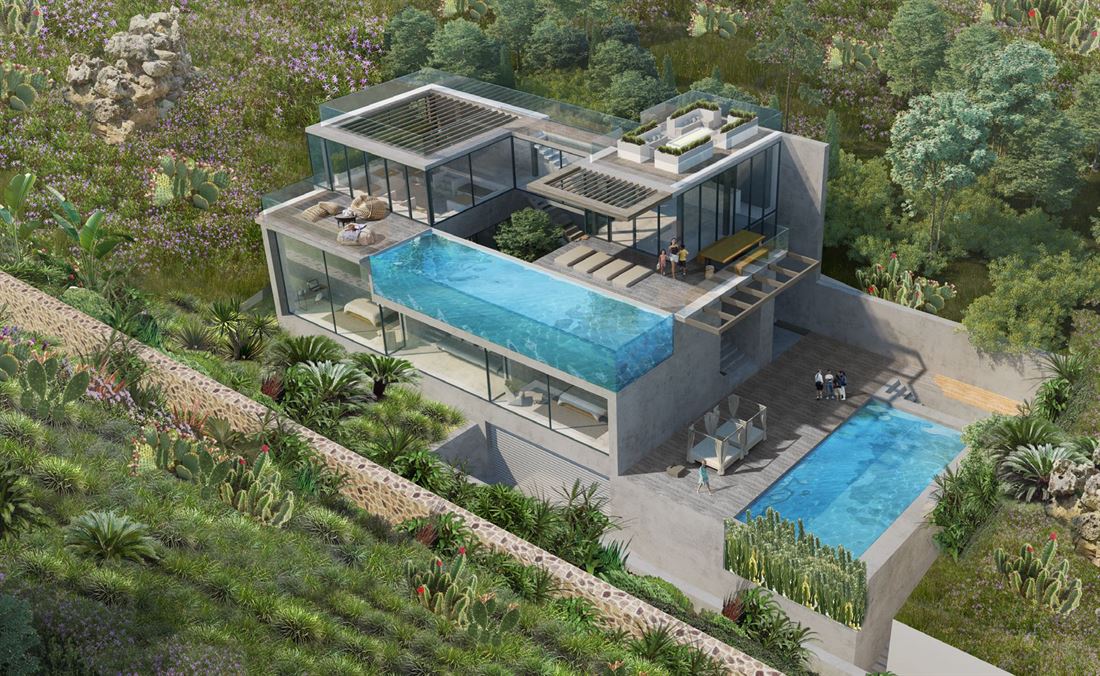 Parcela cerca de Cala Tarida con licencia para construir una villa ultramoderna con 2 piscinas y vistas impresionantes
